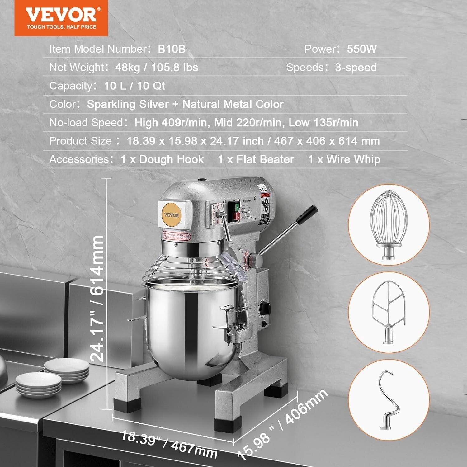 Professional 10Qt Mixer with 3 Adjustable Speeds - Ideal for Commercial Kitchens