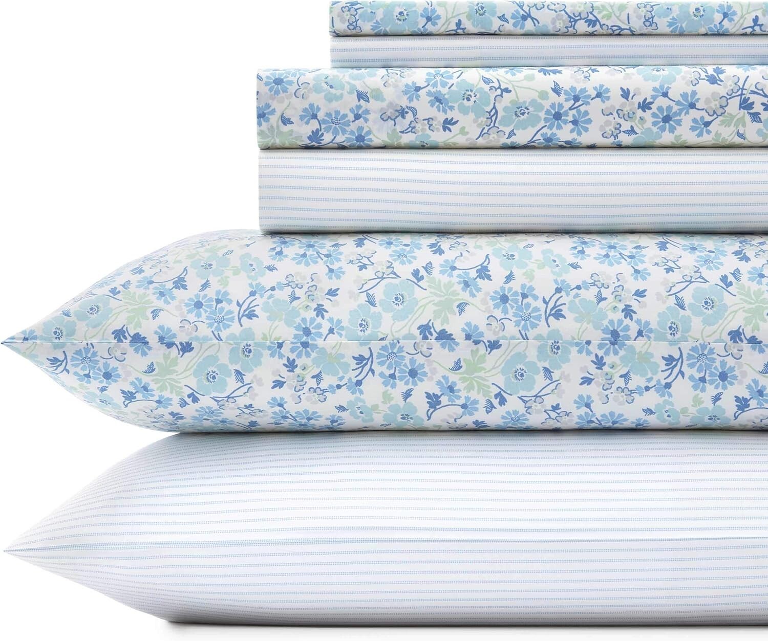 Chic 6-Piece Cotton Percale Set with Elegant Floral & Stripe Patterns - Queen