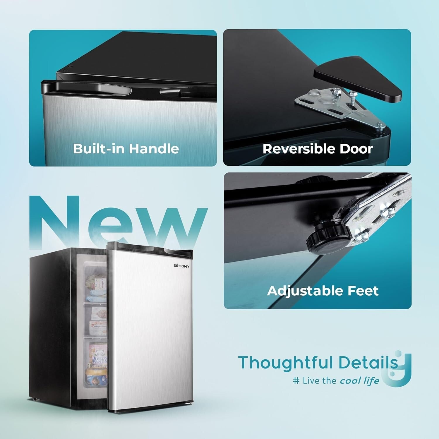 Energy-Saving Compact Freezer with Reversible Door - Ideal for Homes & Offices