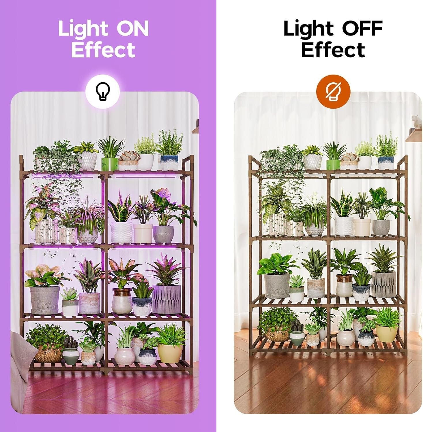 Durable Carbonized Wood Plant Rack with Integrated Grow Light - 16 Pot Capacity