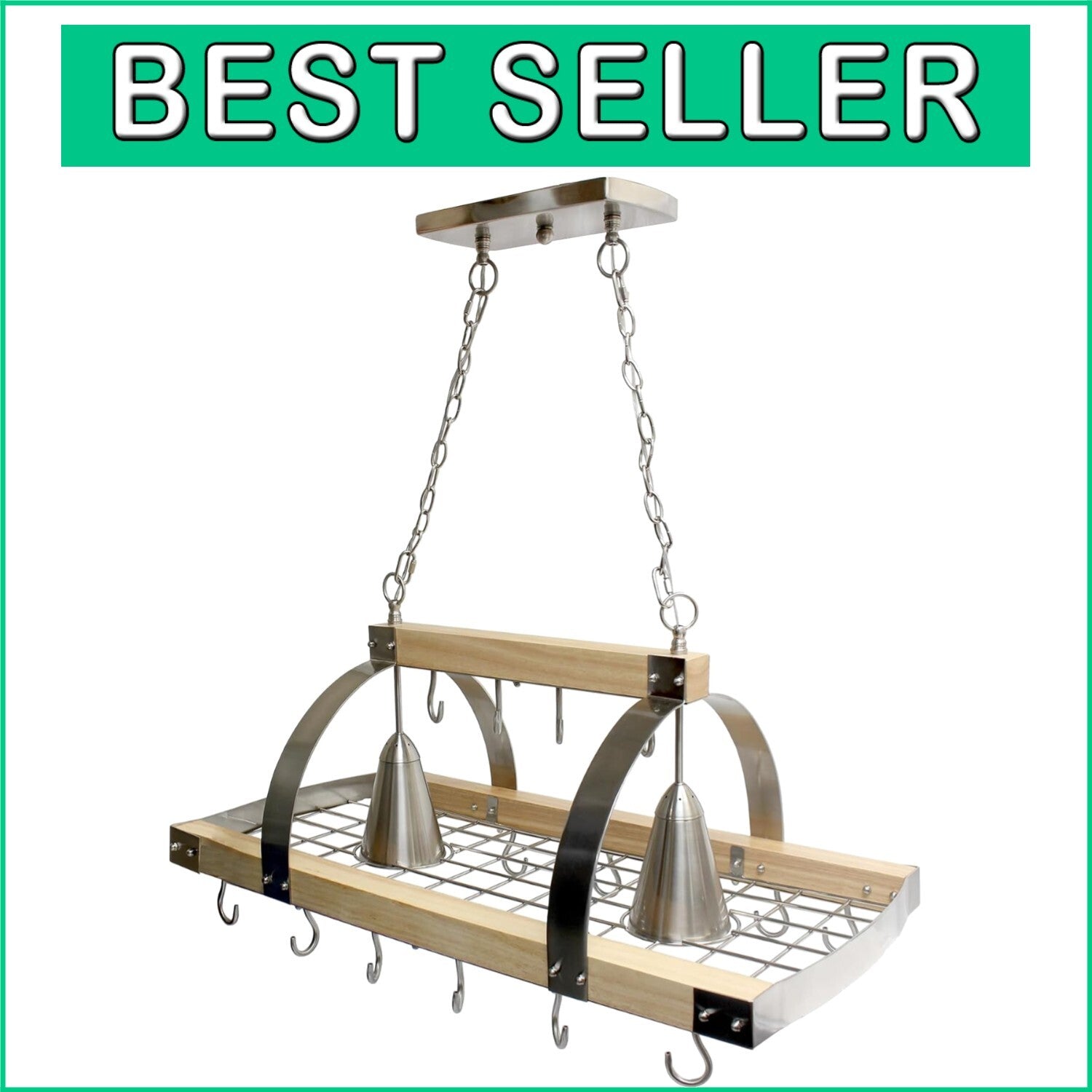 Elegant Wood Pot Rack with Downlights & Brushed Nickel Accents for Kitchens