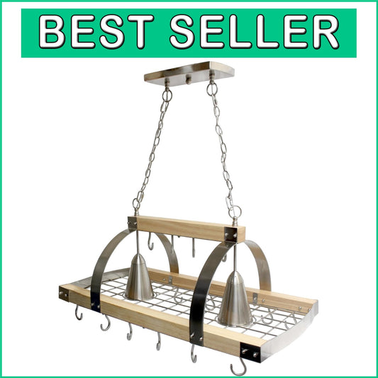 Elegant Wood Pot Rack with Downlights & Brushed Nickel Accents for Kitchens