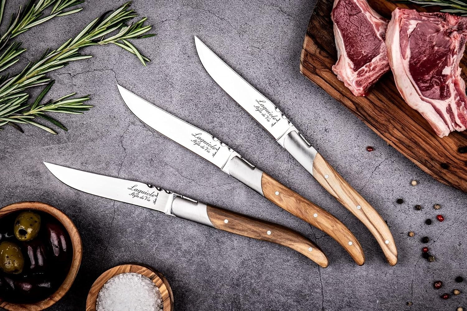 Premium Stainless Steel Steak Knives with Olive Wood Handles - Set of 6