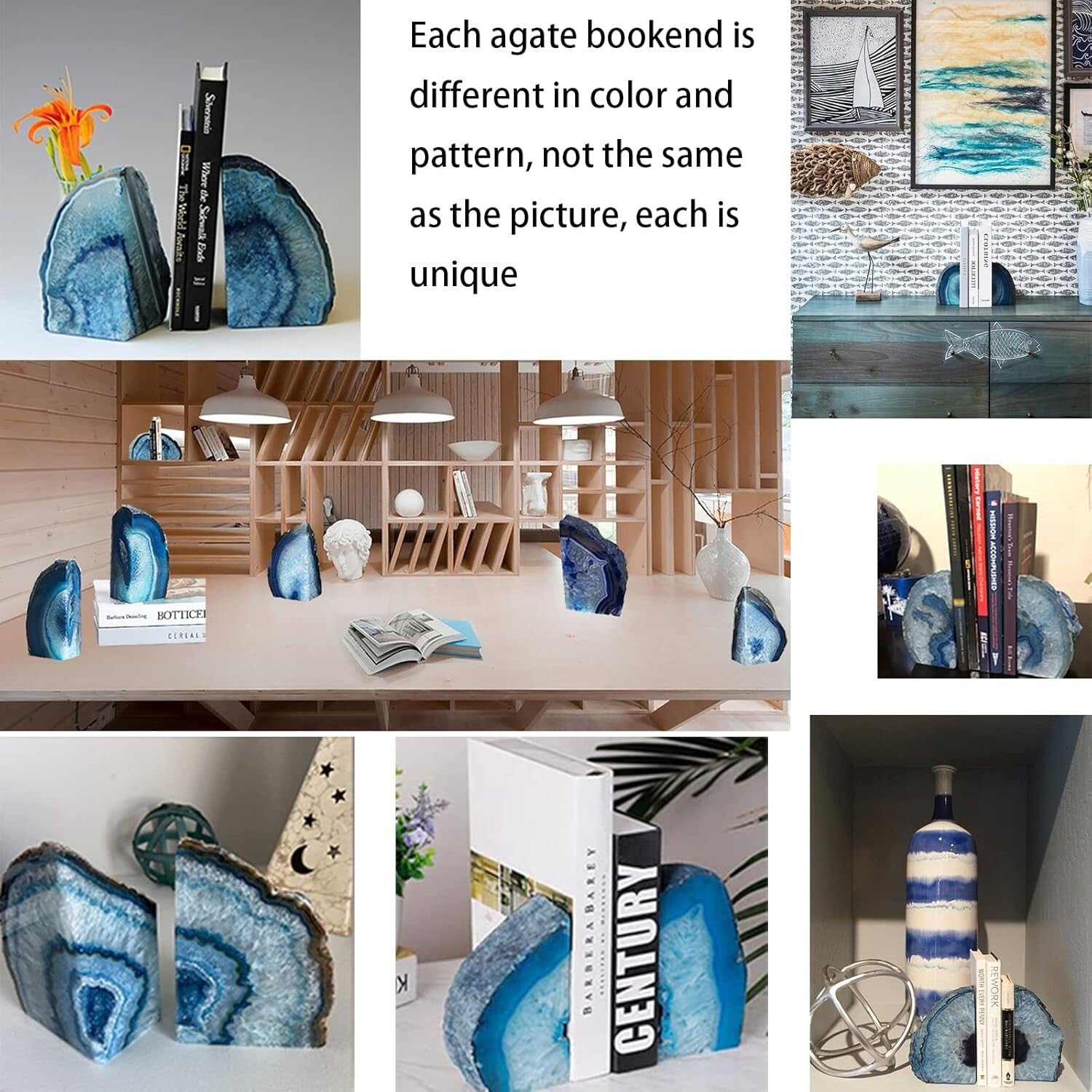 Artistic Blue Agate Bookends - Decorative Crystal Holding Bookends Pair, 3.5 lbs