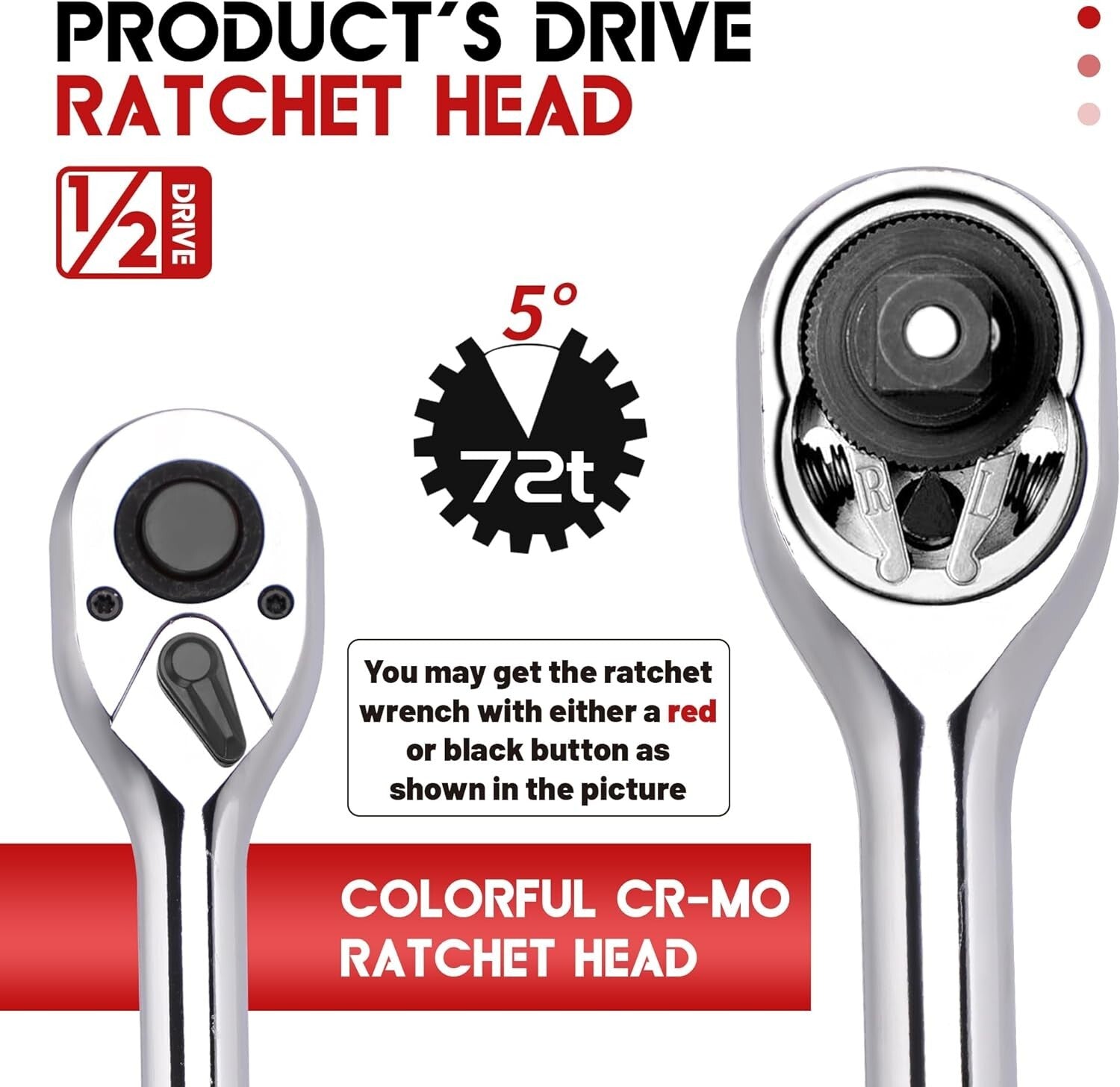 Ergonomic 1/2-Inch Drive Socket Wrench - Quick-Release 72-Tooth Cr-Mo Head