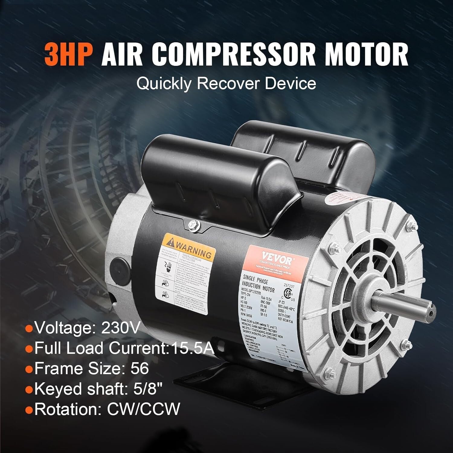 High Efficiency 3HP Compressor Motor - 3450 RPM with Keyed Shaft for Air Tools