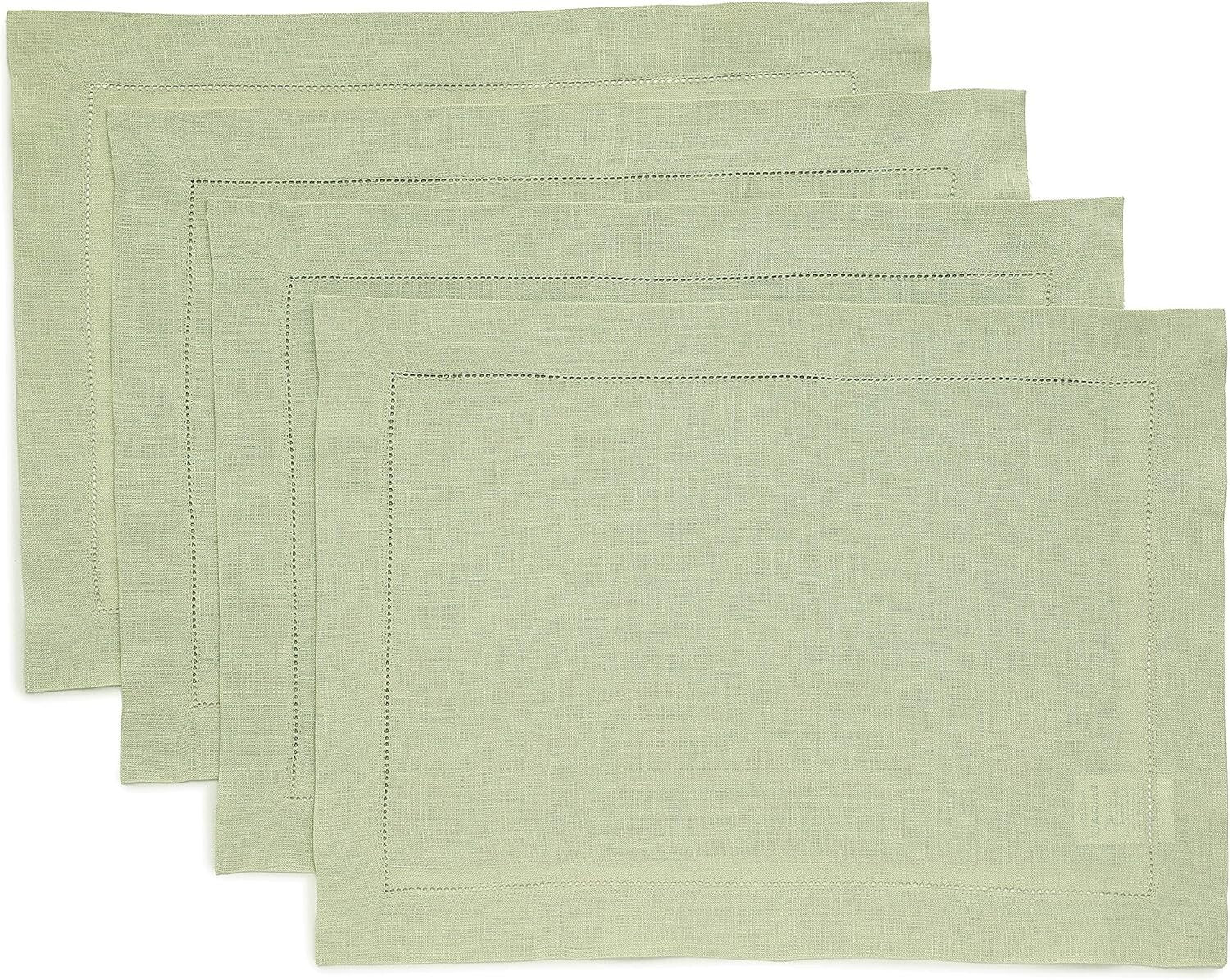100% Pure Linen Placemats - Classic Hemstitch Sage Green, Machine Washable