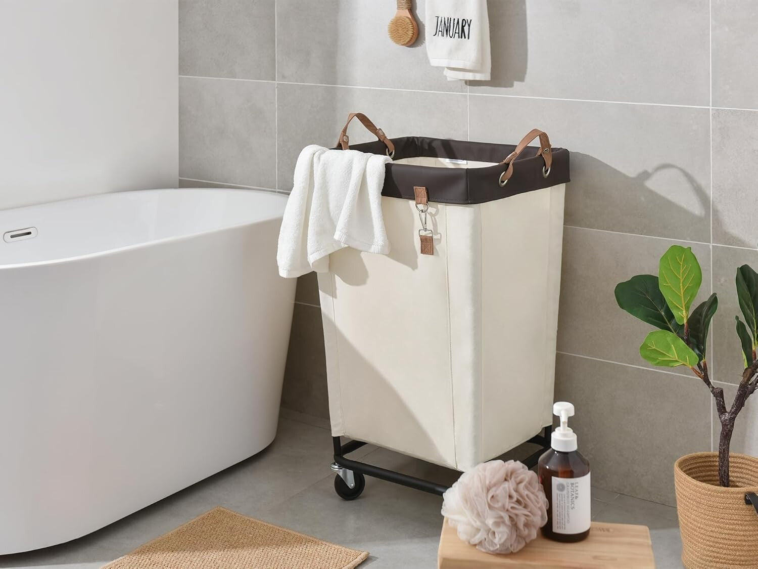 160L Rolling Canvas Laundry Basket with Wheels - Minimalist Beige Design