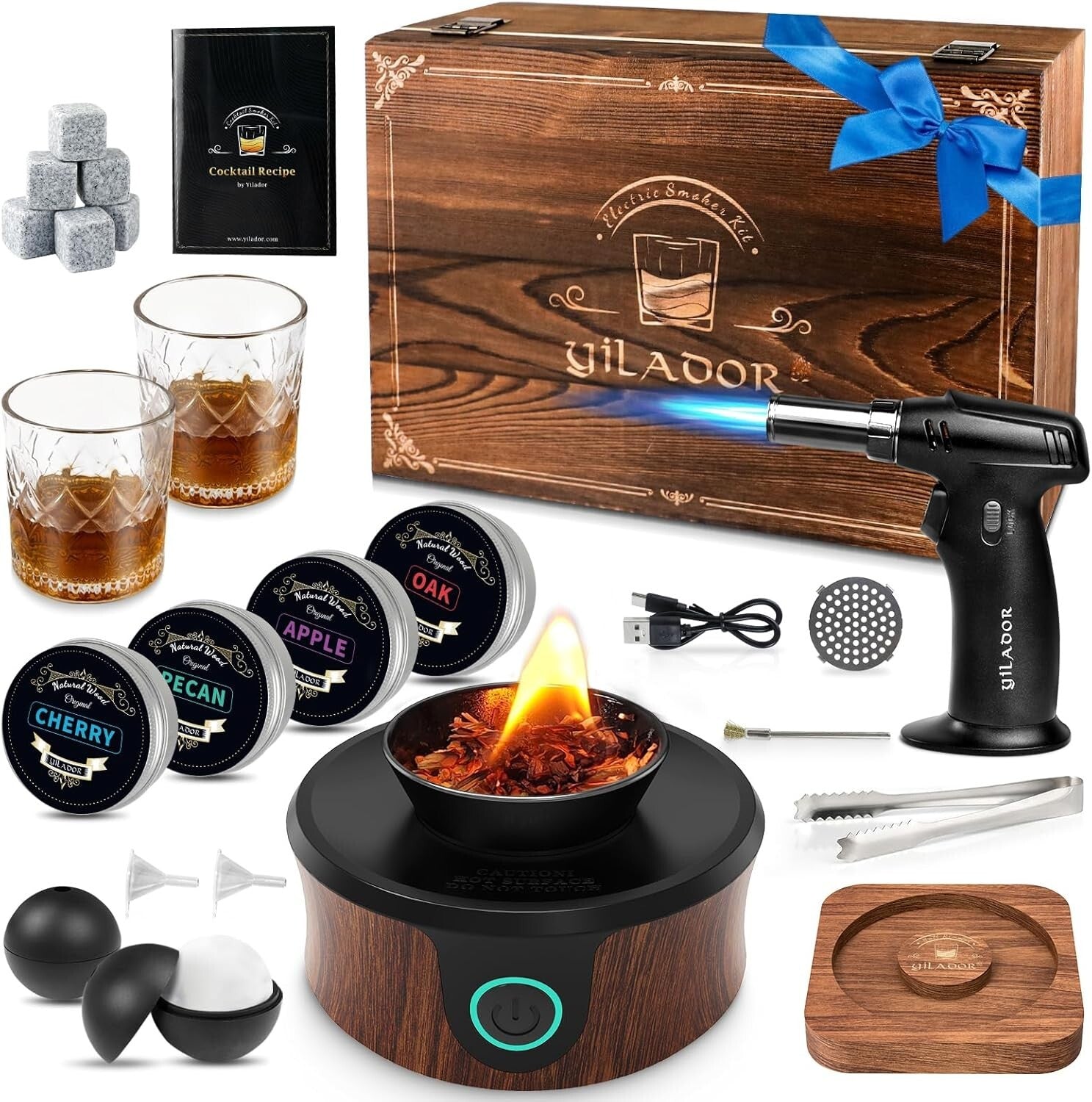 All-In-One Whiskey Smoker Kit with Premium Wooden Box and Cocktail Accessories