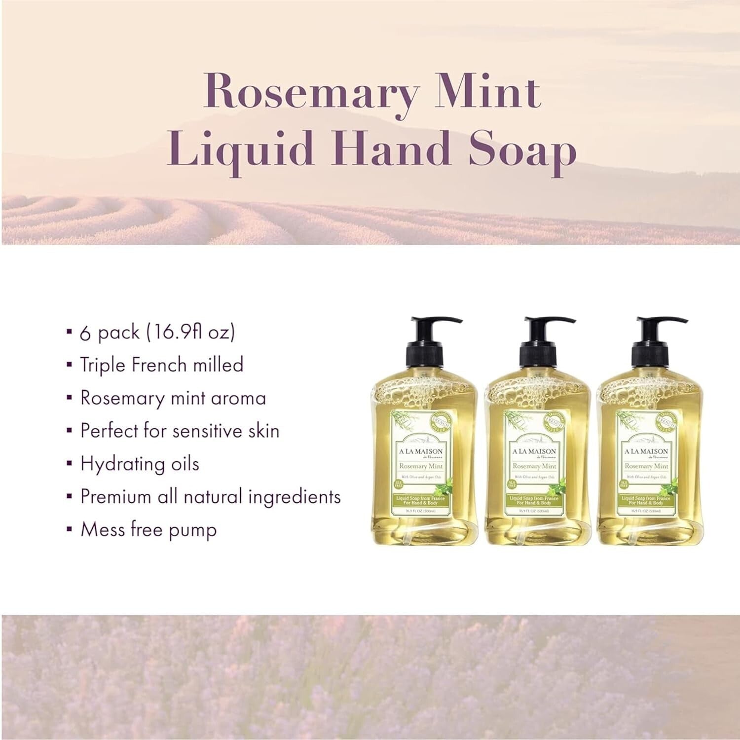 Vegan Rosemary Mint Liquid Soap - Triple Milled, Eco-Friendly Skincare 6 Pack