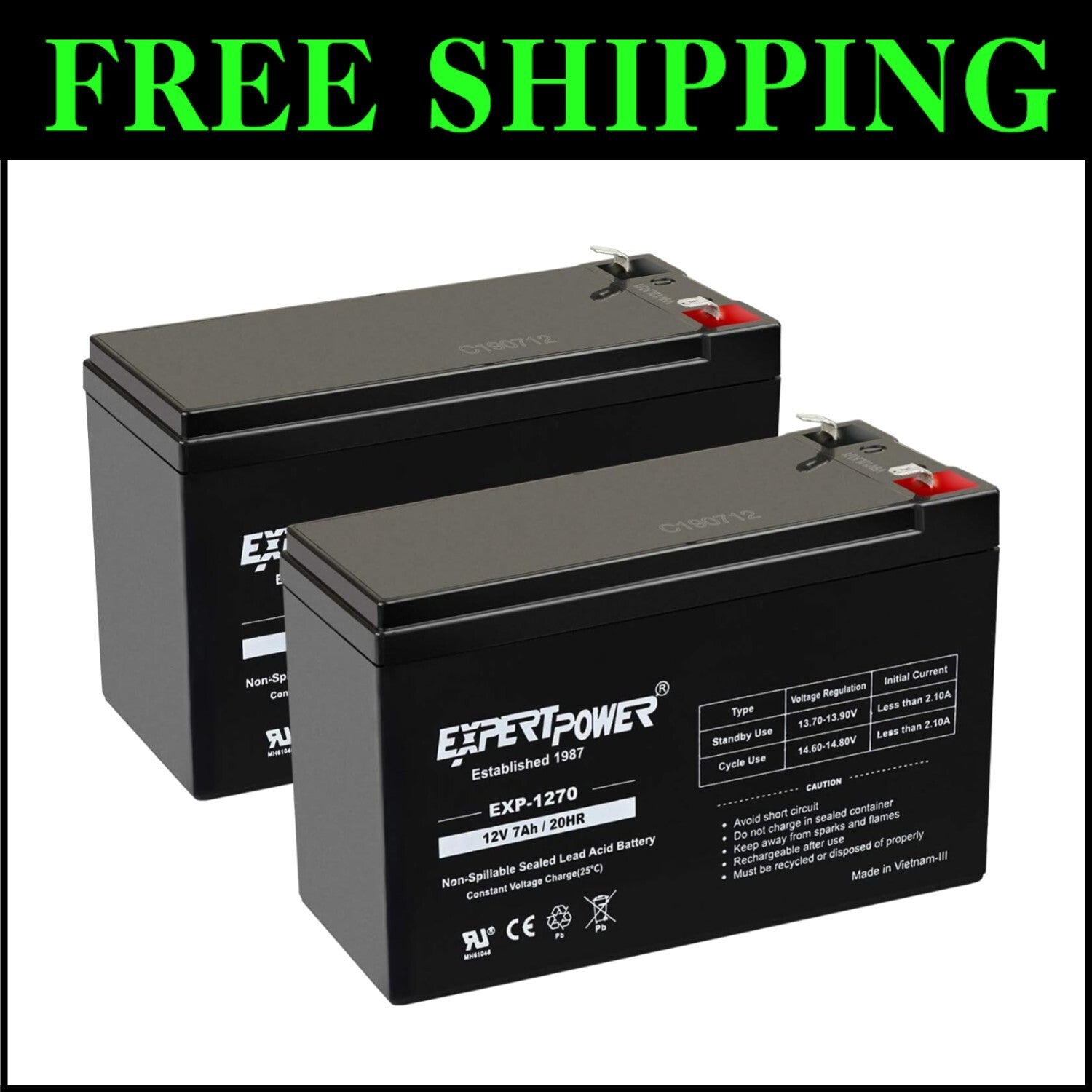 2-Pack Expert Power 12V 7Ah Rechargeable Batteries - Lightweight & Long-Lasting