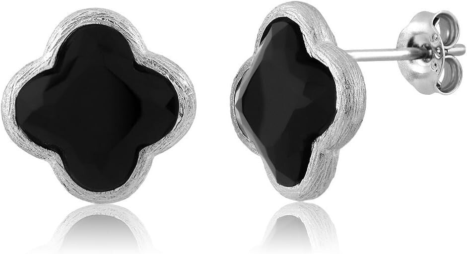 Elegant 18K Gold Plated Sterling Silver Flower Clover Black Onyx Stud Earrings