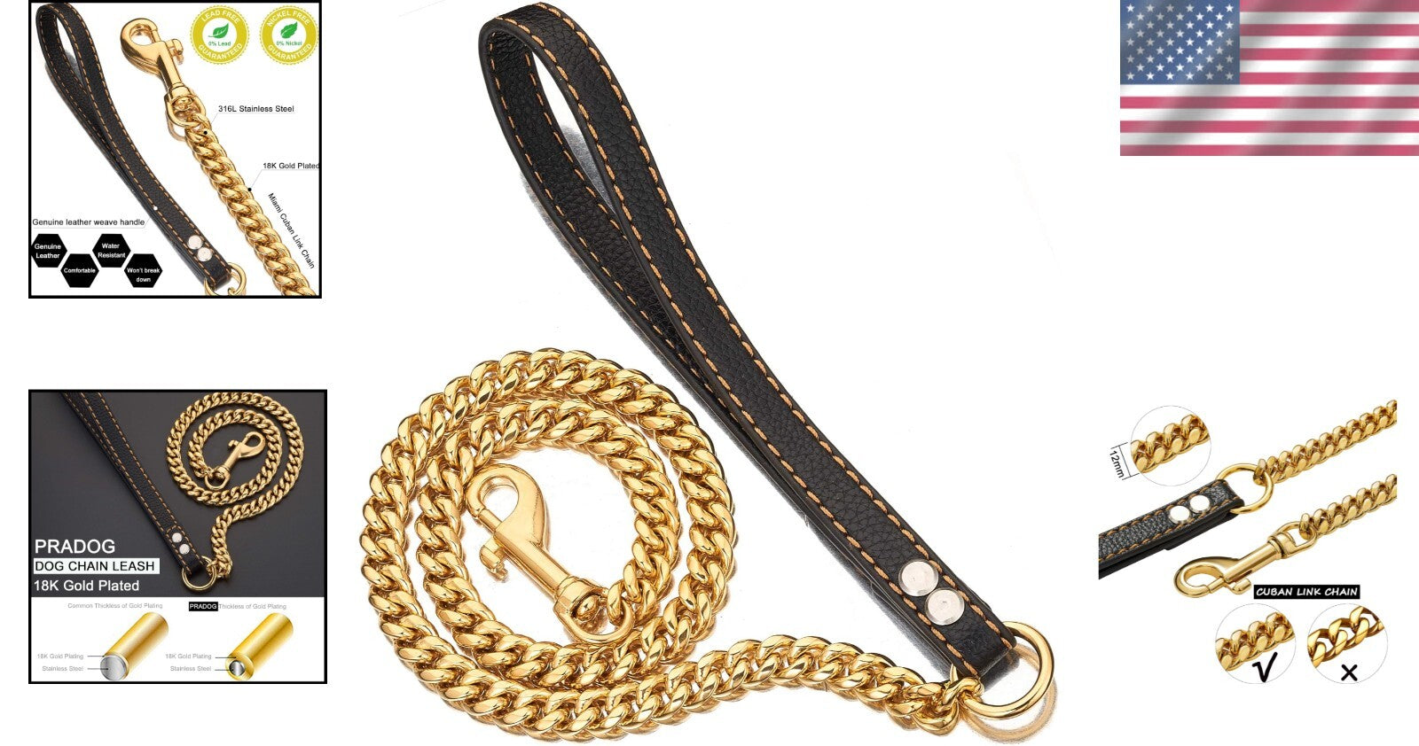 Stainless Steel Cuban Link Dog Leash with Padded Leather Handle for Large Breeds
