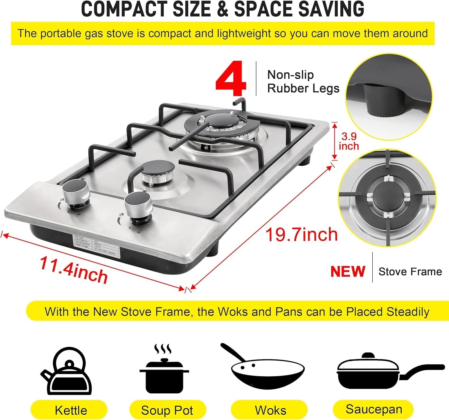 Stylish 12" Gas Cooktop - 2 Burner Drop-In Stove for Modern Kitchens & BBQ Areas