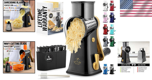 Dishwasher Safe Cheese Shredder with 5 Interchangeable Blades - Compact Design