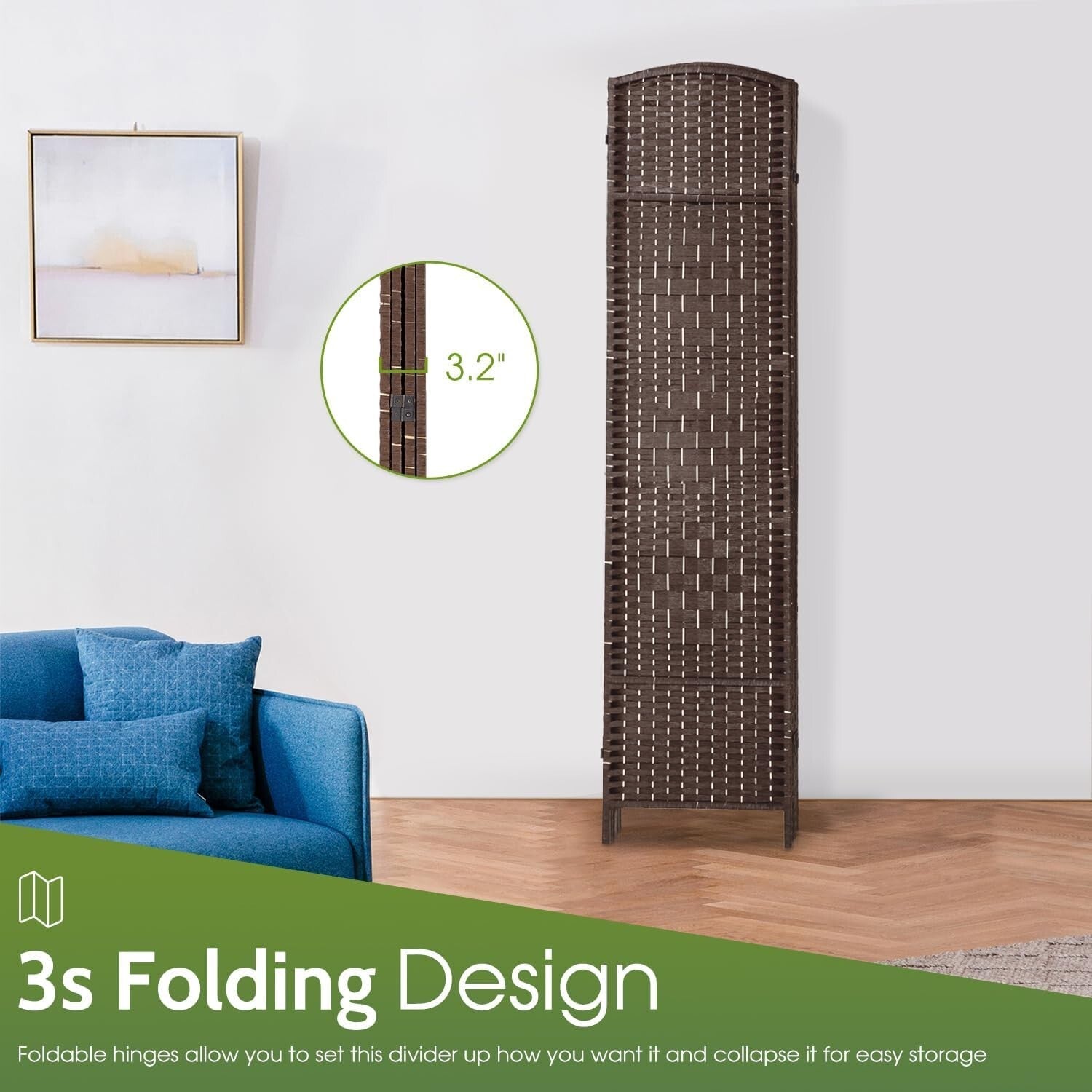 Modern 70.9" Folding Room Divider - Solid Brown Indoor Partition Screen