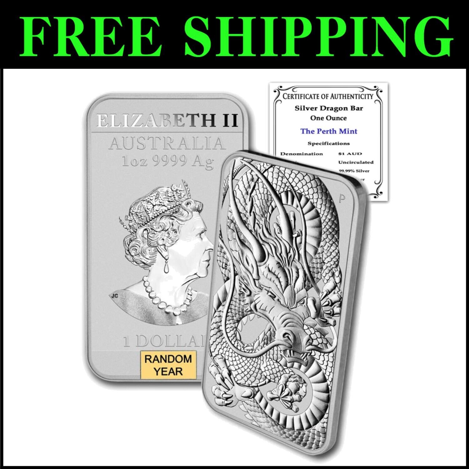 Dragon Series 1 oz Silver Bar - 99.99% Pure, Brilliant Uncirculated - Perth Mint