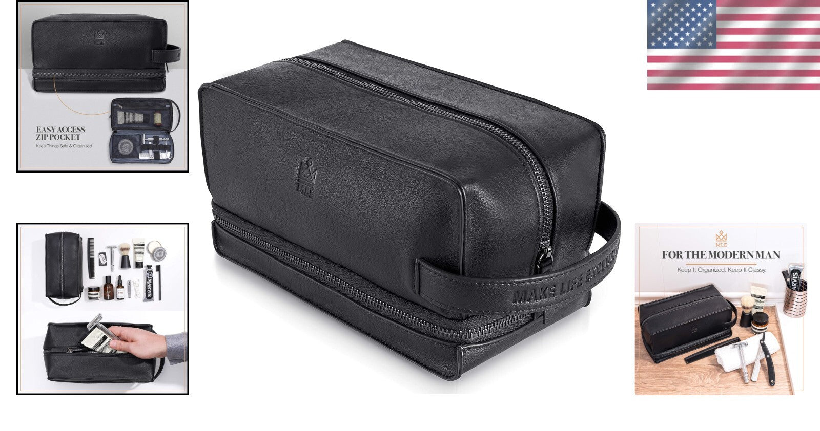 Premium Black Leather Toiletry Bag for Men - Stylish Travel Companion