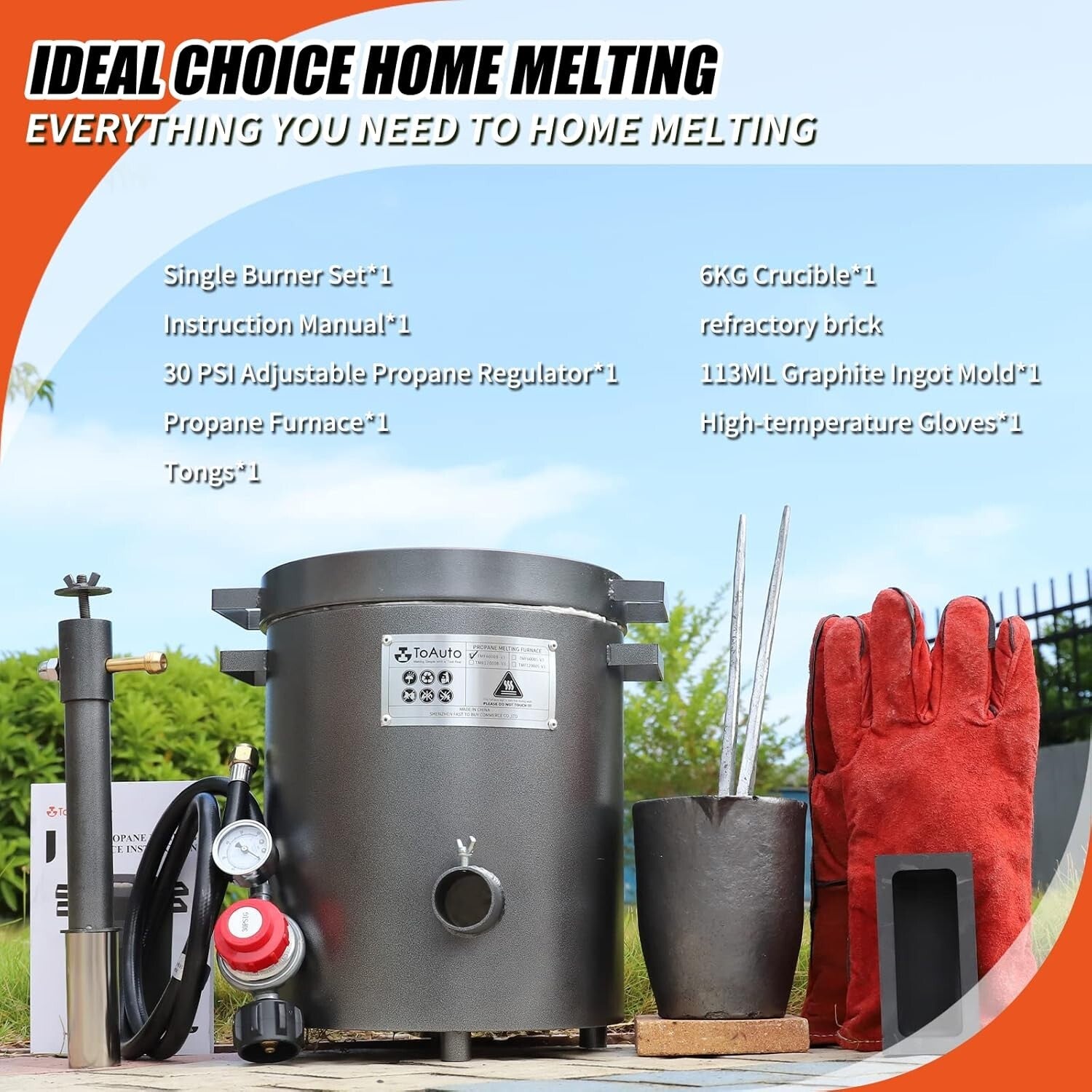 2023 Upgraded 6 KG Propane Melting Furnace with Graphite Crucible & 250,000 BTU