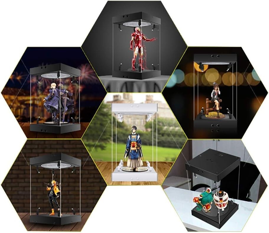 Acrylic Action Figure Display Case with Adjustable LED Lights and Rotating Base