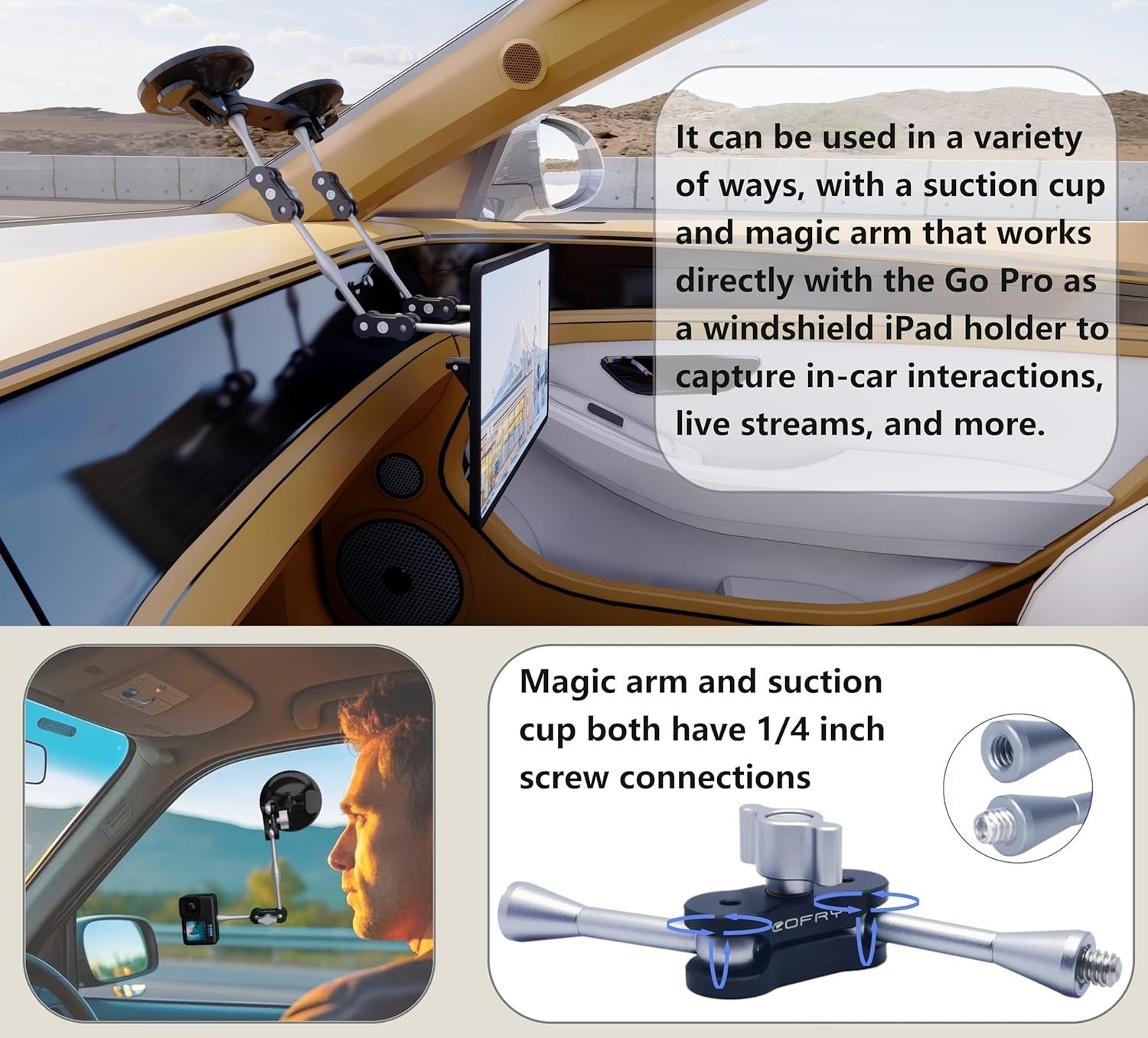 Aviation Grade Aluminum Car Mount with 44-Inch Selfie Stick for Action Cameras