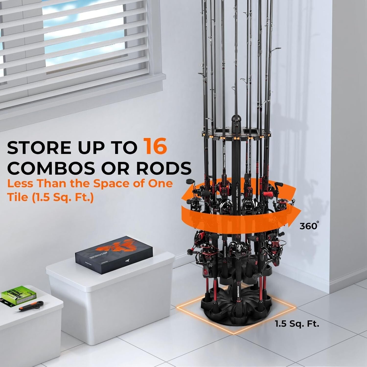V16 Fishing Rod Rack with Rotating Base - Holds 16 Rods, Space-Saving Design