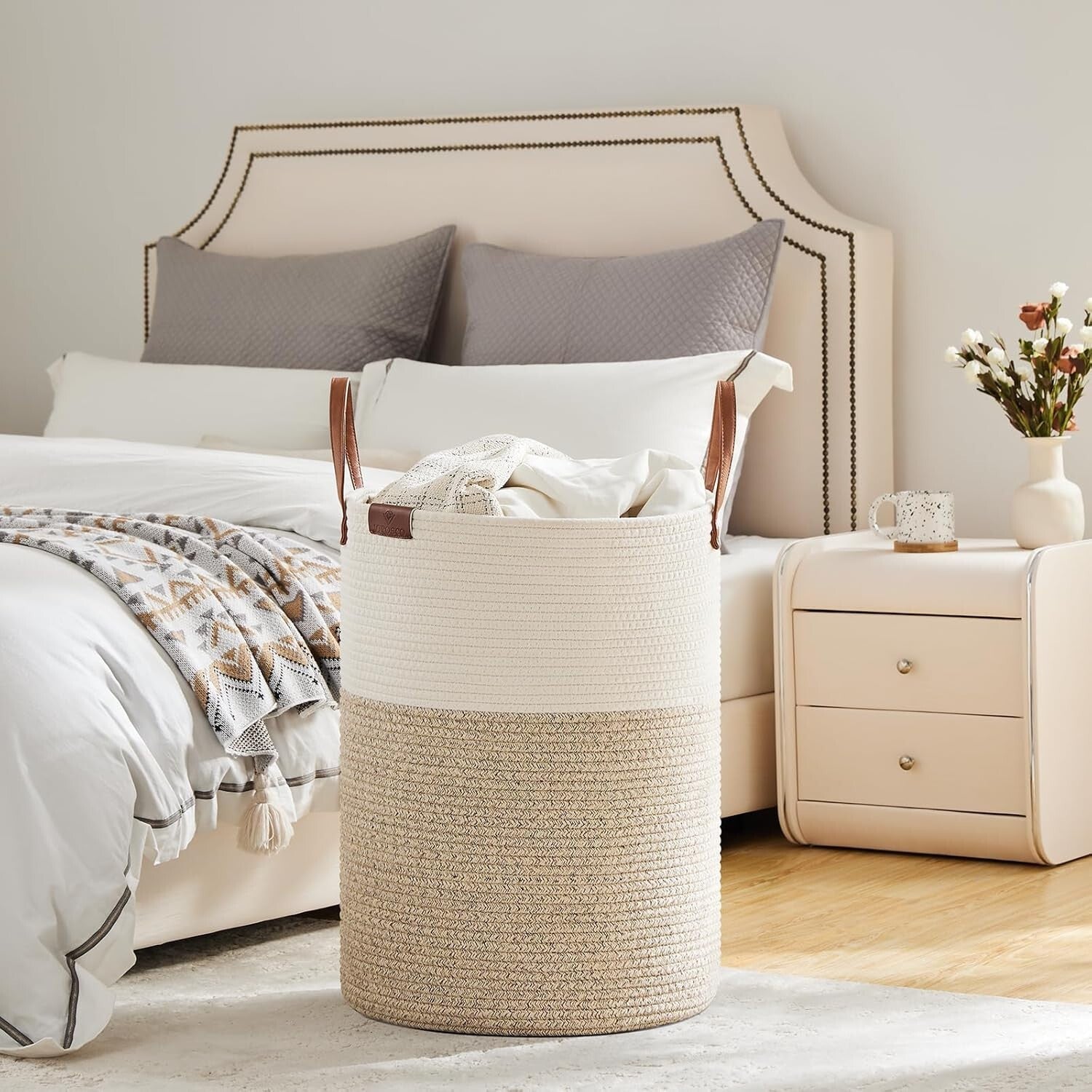 Durable 100L Laundry Hamper with Leather Handle - Portable Woven Storage Basket