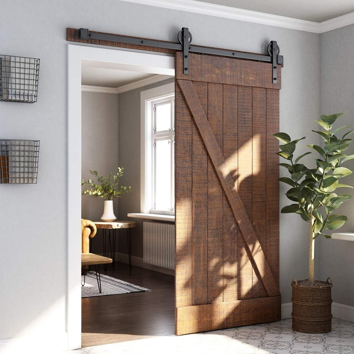 4FT-18FT Heavy-Duty Sliding Barn Door Hardware Kit - Modern Carbon Steel Design