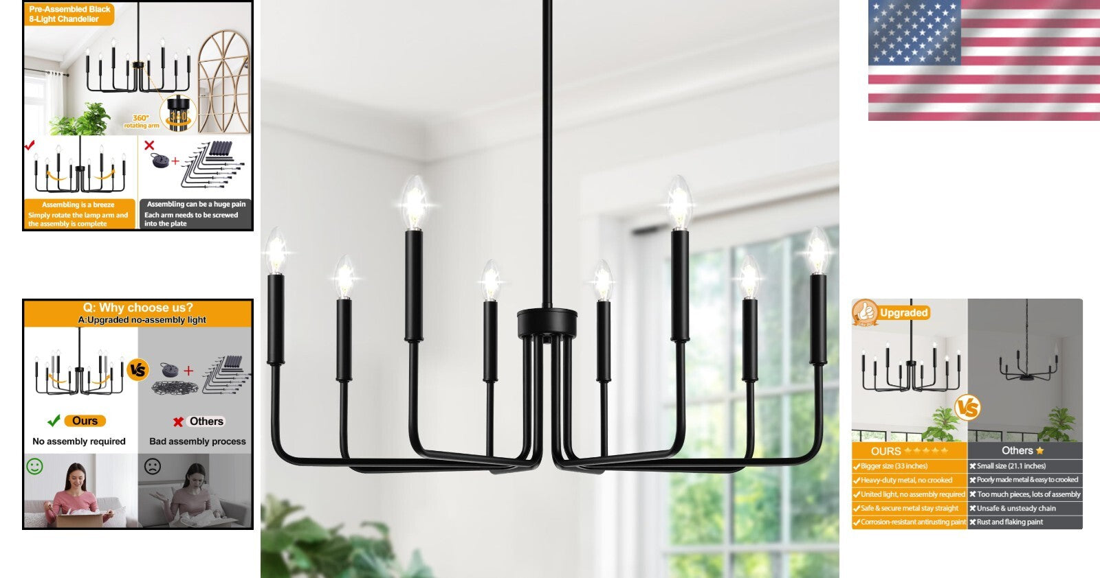 Elegant 8-Light Black Chandelier - Ideal for Foyer, Entryway, and Dining Areas