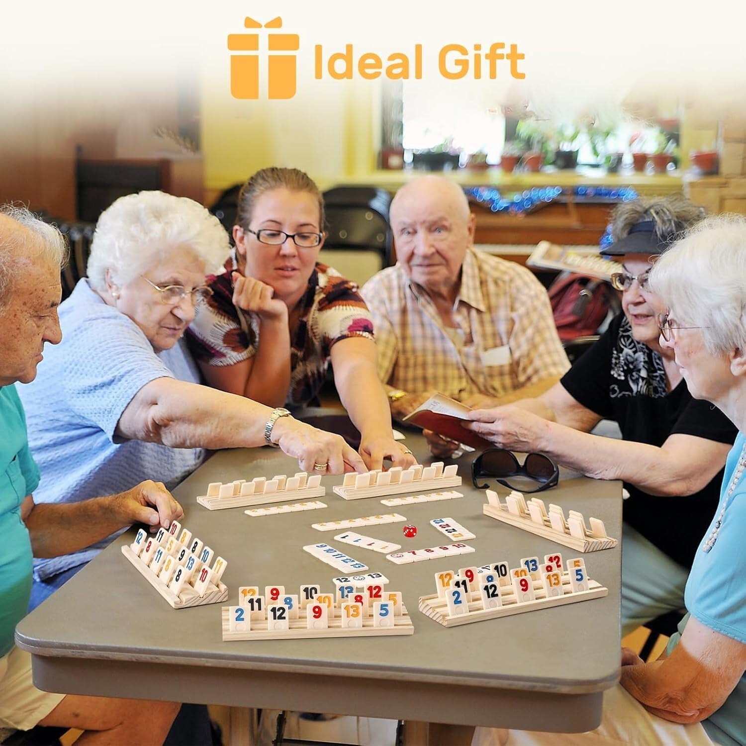 Family Rummy Cube Game 8 Player Edition with Vibrant Tiles and Wooden Holders