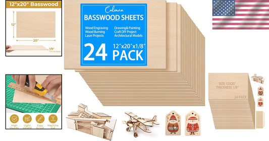 24-Pack 12"x20" Unfinished Basswood Sheets Perfect for DIY Crafts and Models
