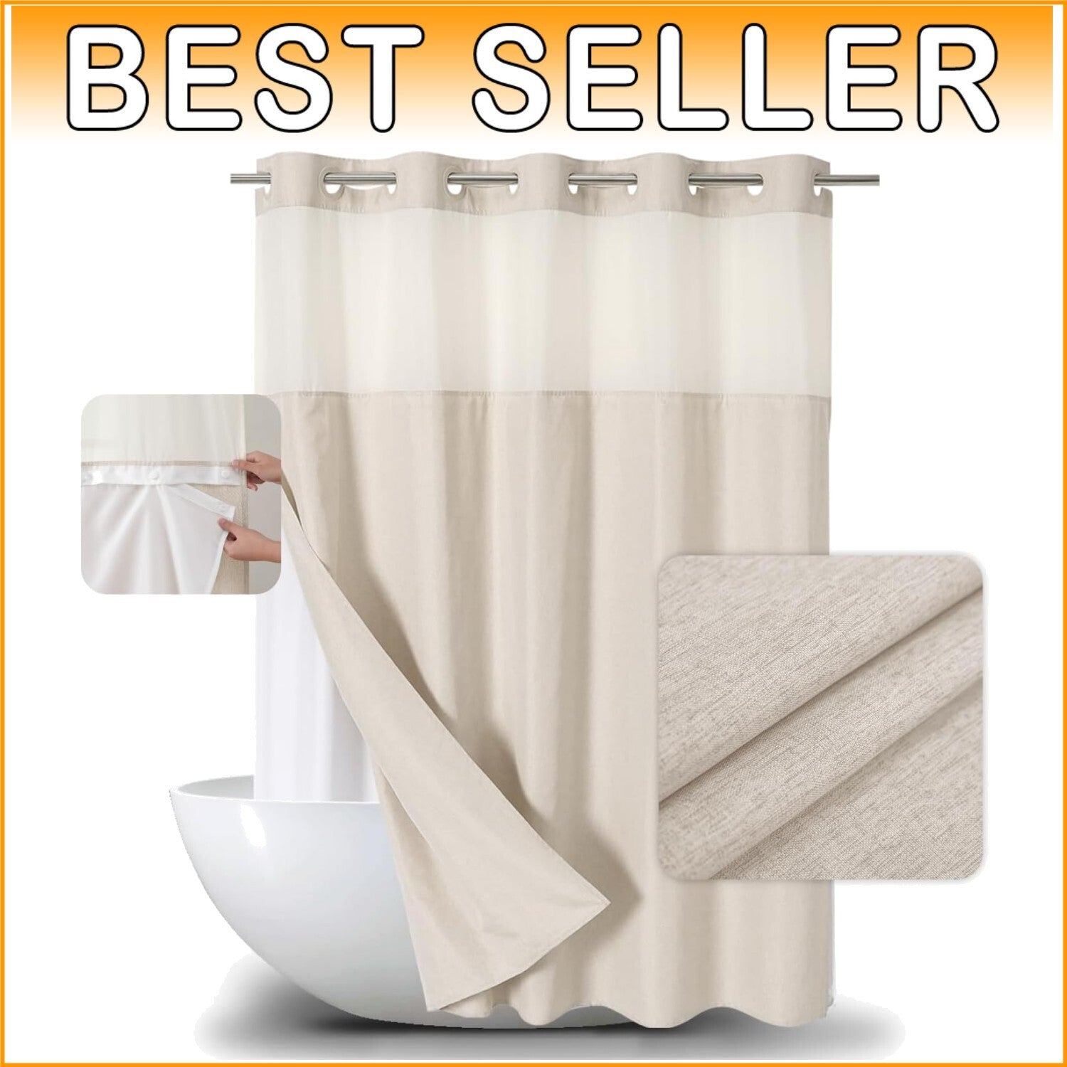 Elegant Cream Linen Shower Curtain with Snap-in Liner - 71WX86H Grommet Style