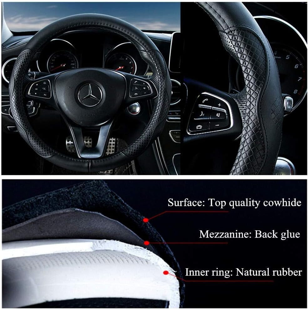 Soft Black Cowhide Steering Wheel Cover with Eco-Friendly Inner Ring - 15.5 Inch