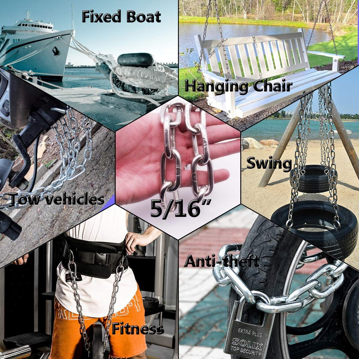 6.5ft Heavy Duty Stainless Steel Link Chain - 5/16in, Ideal for Towing & Hanging