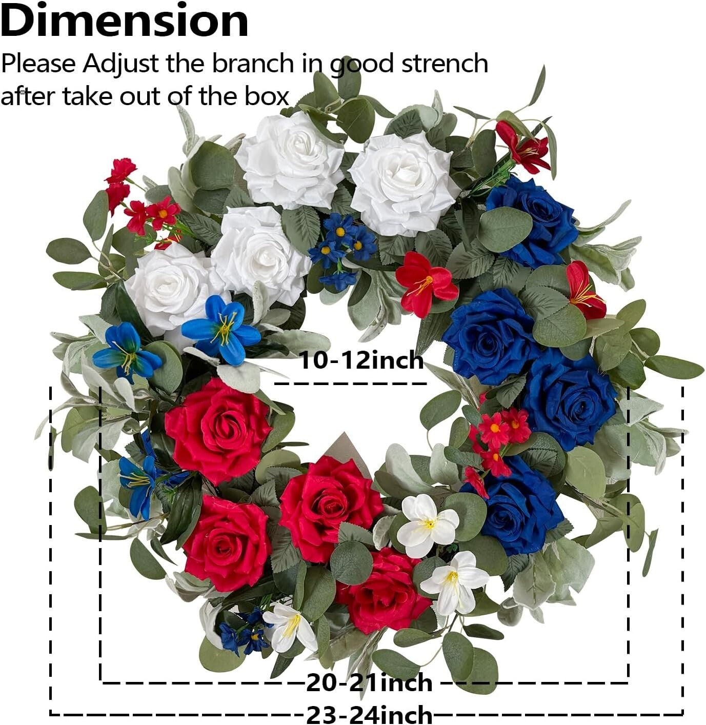 Vibrant 24-Inch Red White Blue Rose Wreath - Perfect for Independence Day