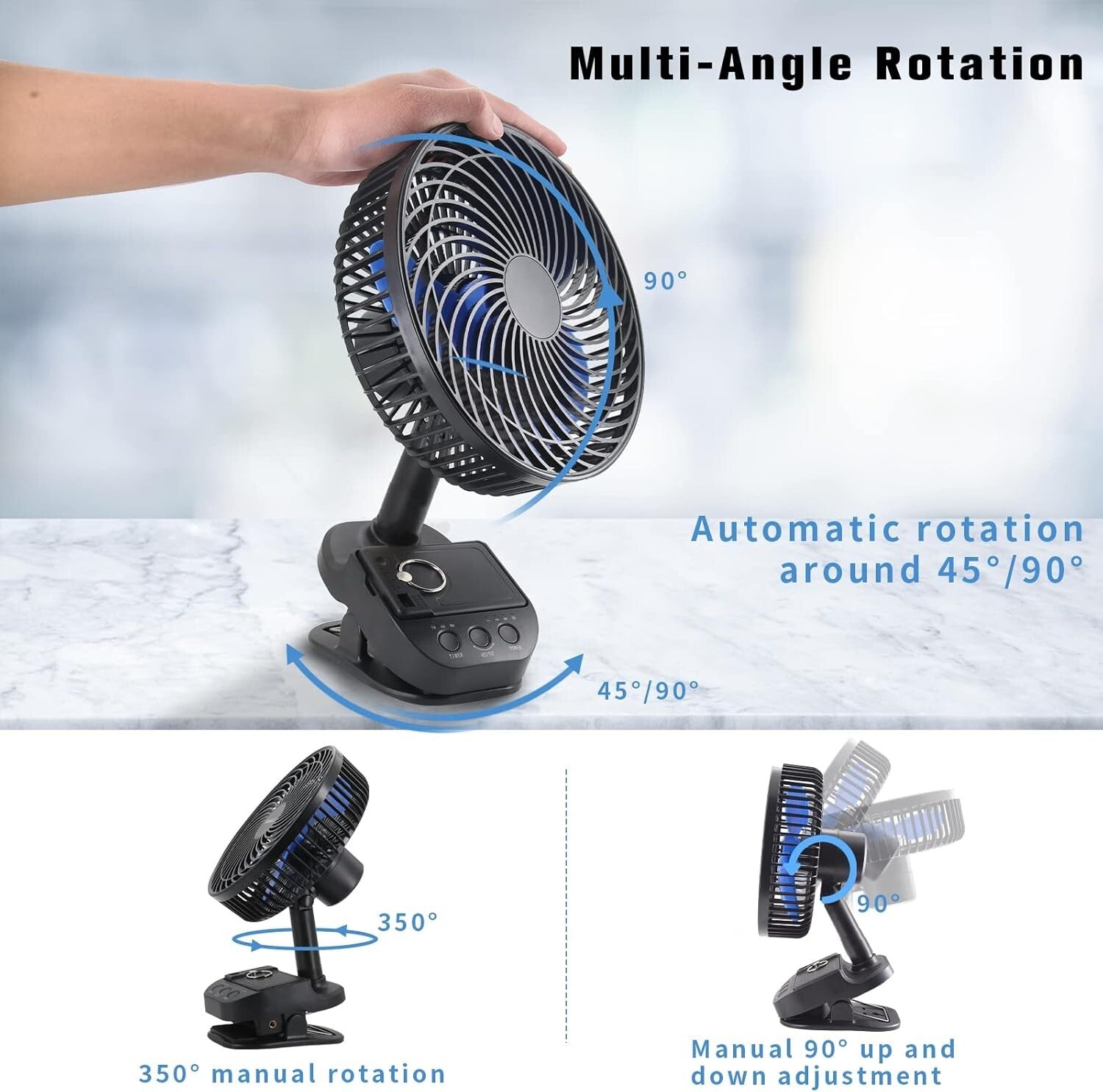 4-in-1 USB Rechargeable Fan - 8-Inch Clip, 10000mAh, 5 Speeds, 45°/90° Rotation