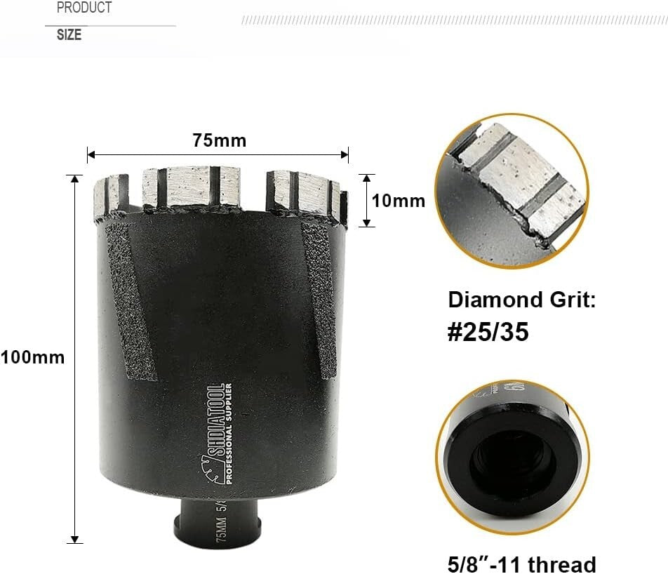 Laser Welded 75mm Diamond Core Drill Bit for Wet/Dry Drilling on Hard Surfaces