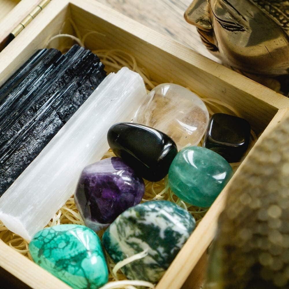7 High-Grade Healing Stones with Wooden Display Box & Info Guide - Perfect Gift
