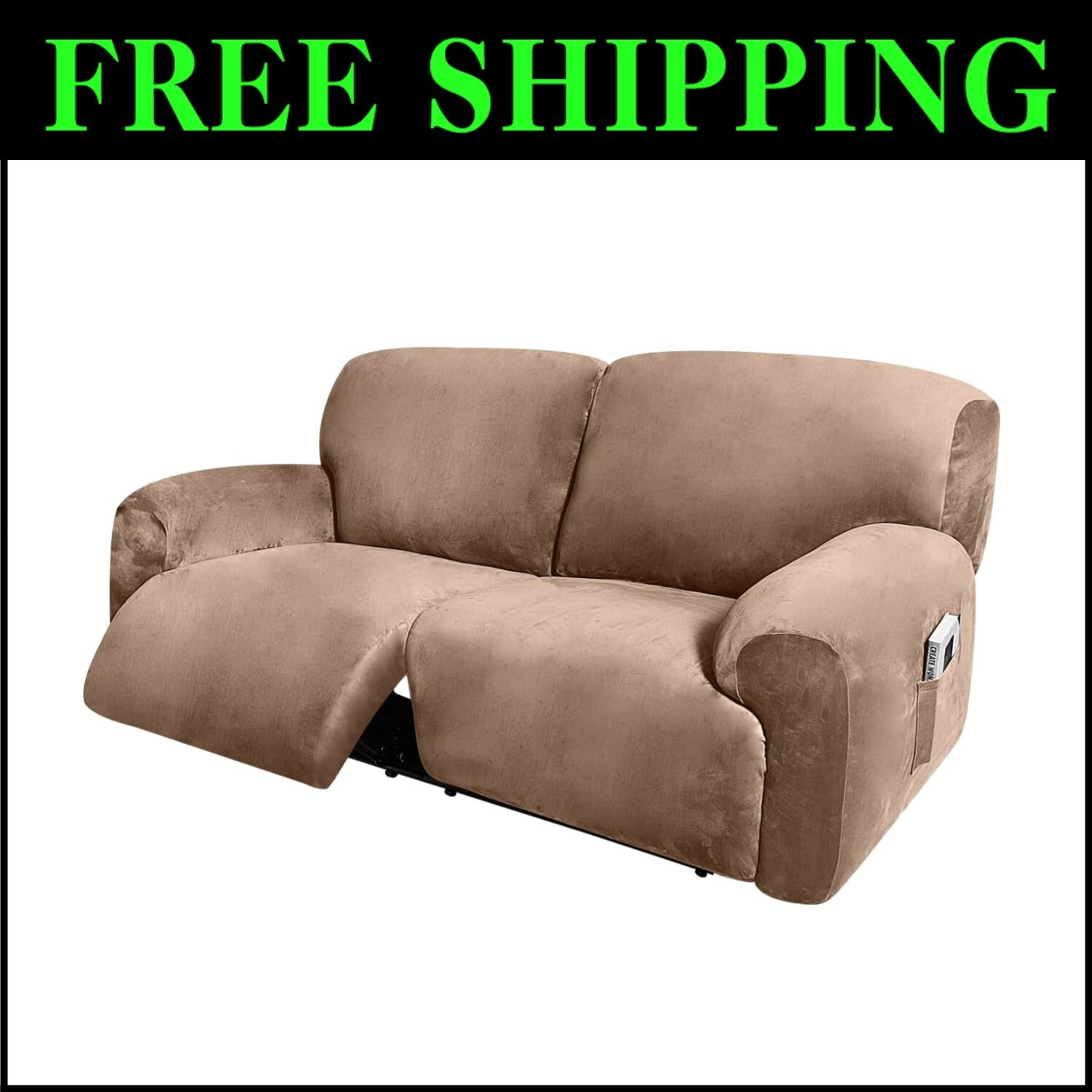 Extra Wide Velvet Reclining 2 Seater Sofa Cover - 6-Piece Slipcover Set in Sand