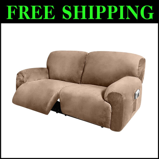 Extra Wide Velvet Reclining 2 Seater Sofa Cover - 6-Piece Slipcover Set in Sand