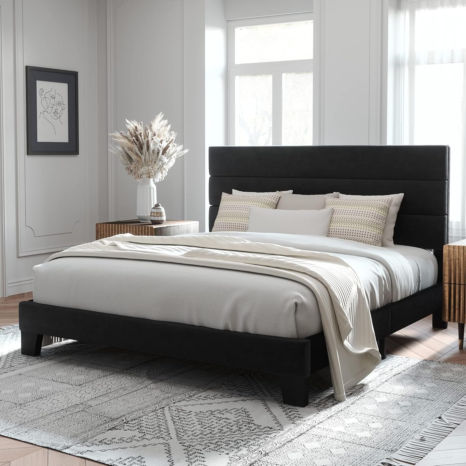 Luxury King Size Velvet Upholstered Platform Bed Frame - Easy Assembly | Black