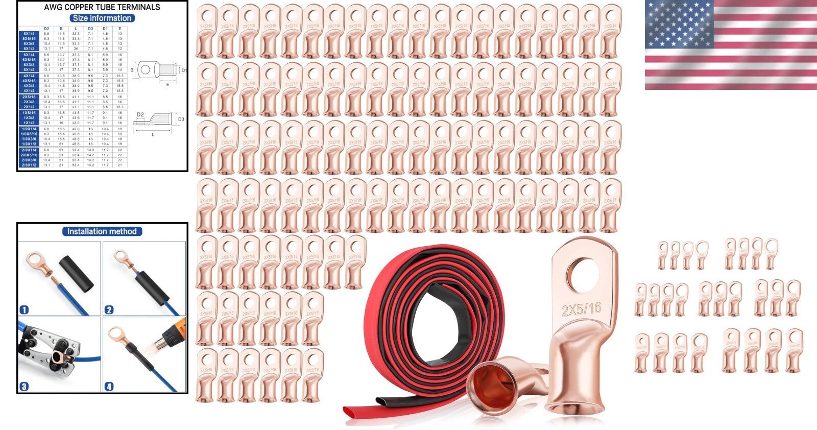 Reliable 100 Pack of 2 AWG Ring Terminals with Corrosion-Resistant Heat Shrink