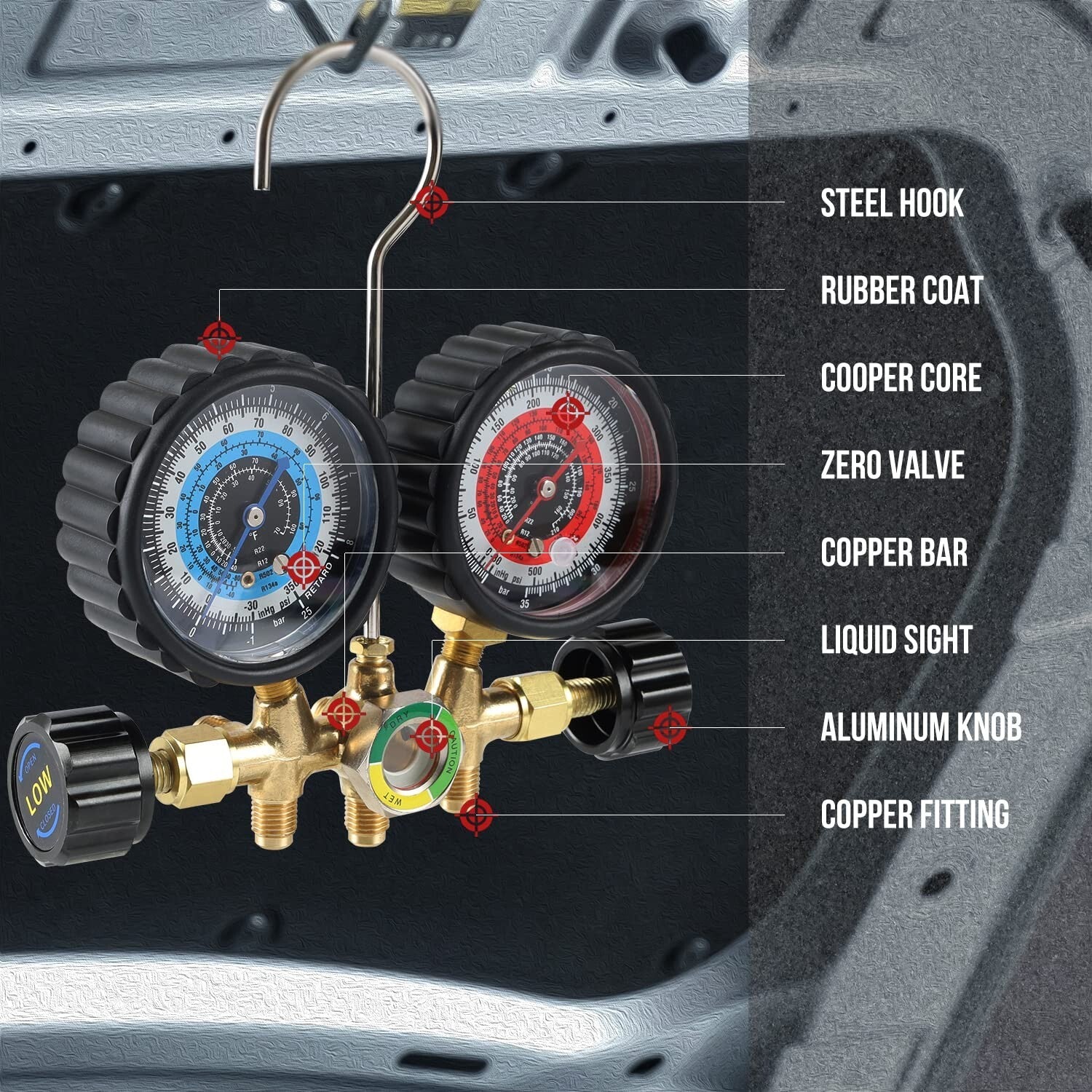 3-Way A/C Manifold Gauge Kit with 5FT Hoses - Easy Read Dials & Durable Design