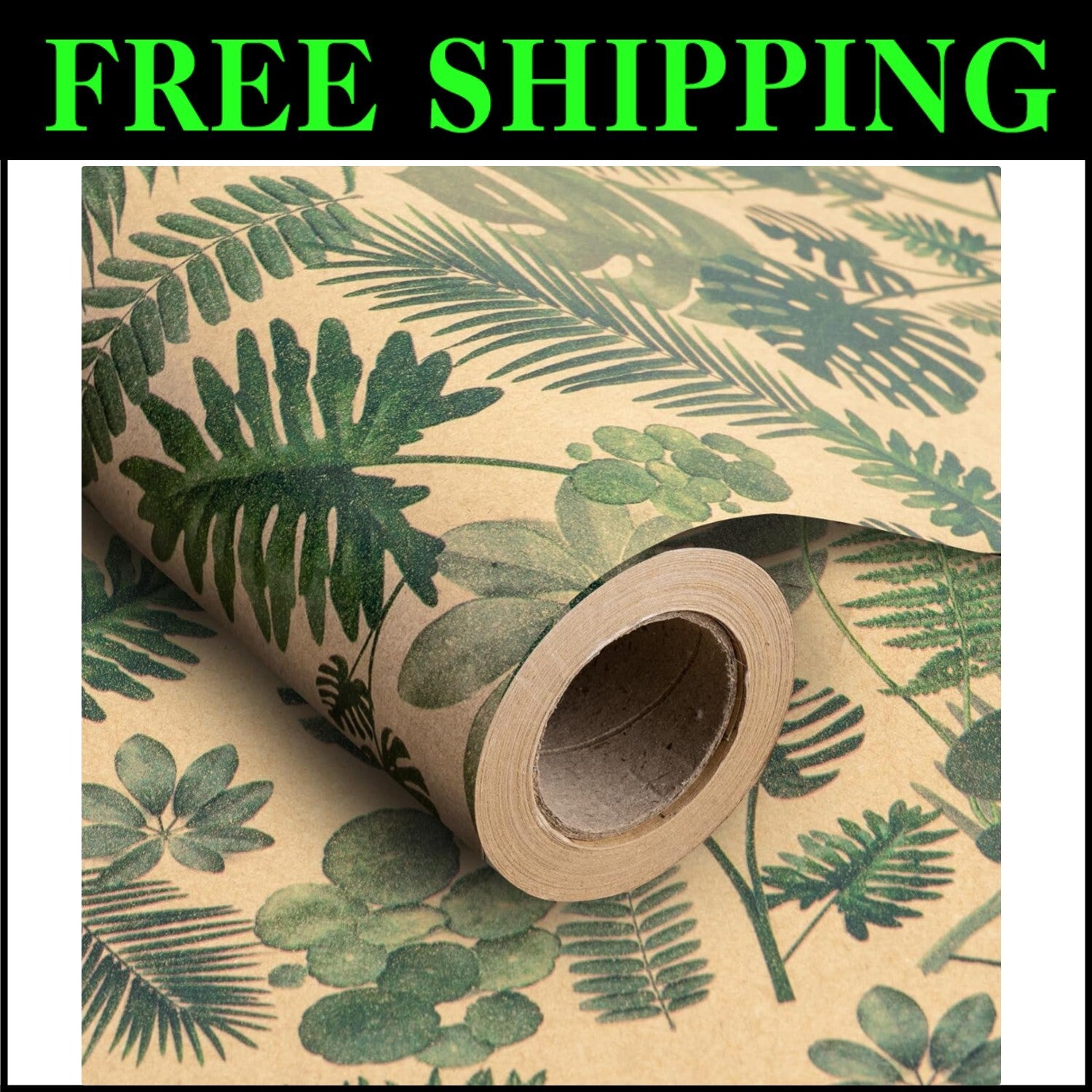 Eco-Friendly Kraft Wrapping Paper Roll with Floral Green Leaves - 196 Sq Ft