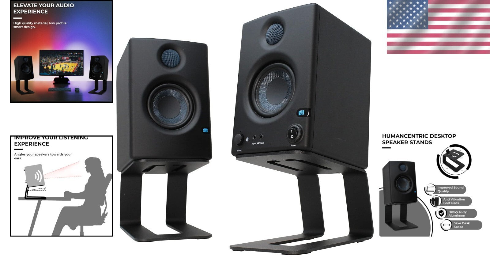 Compact Black Speaker Stands - 5-Degree Tilt for Enhanced Audio Experience