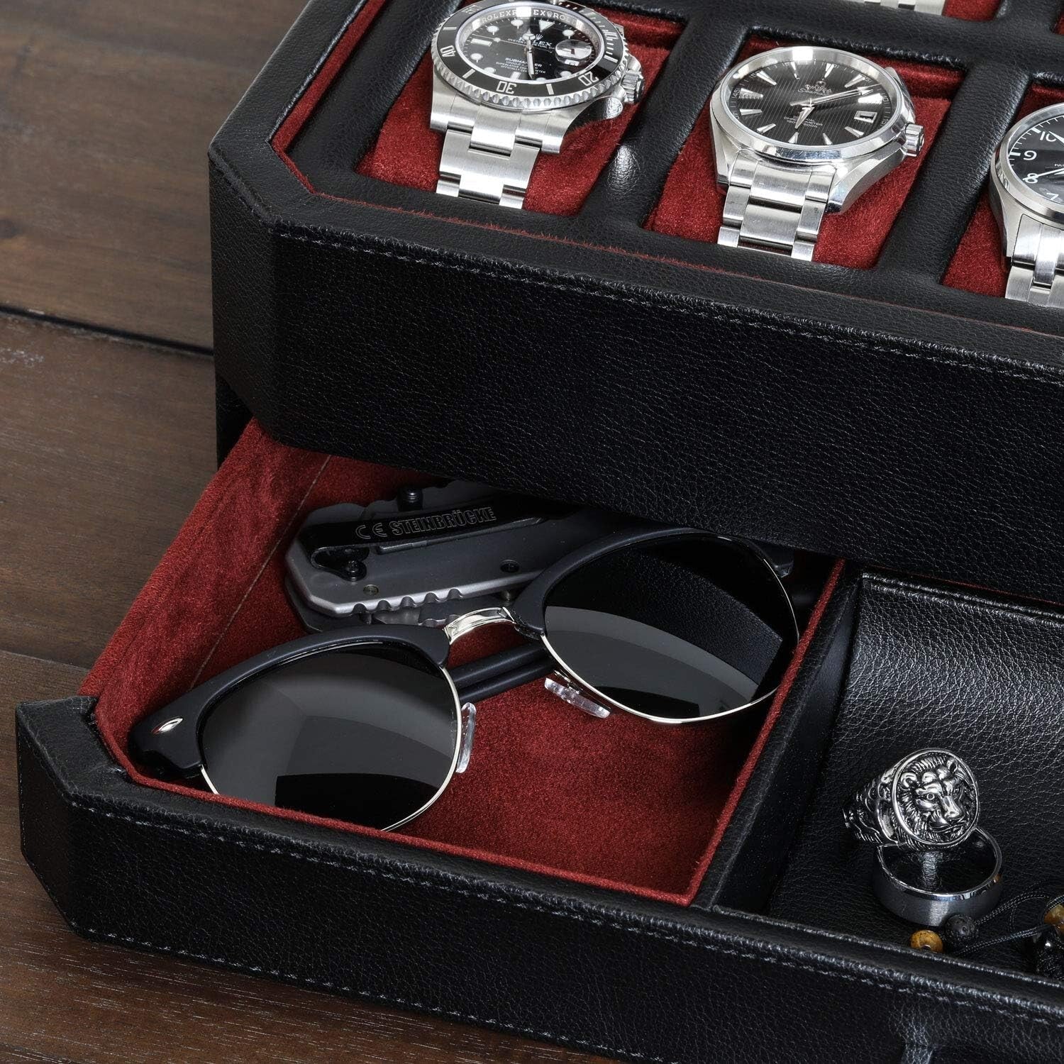 Stylish Black/Red Watch Storage Box with Key Lock & 12 Slots for Men & Women