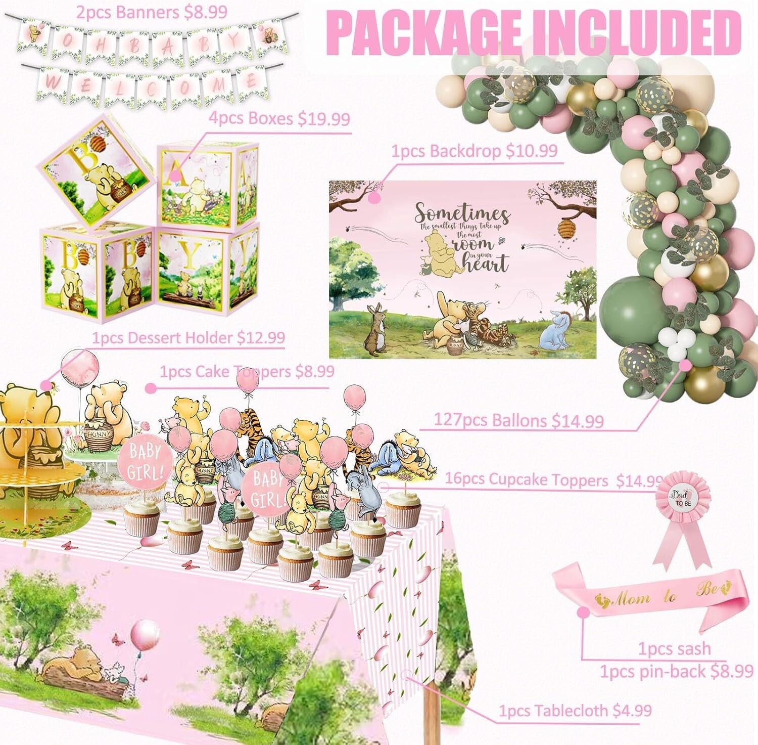 Classic Winnie Pooh Baby Shower Decorations in Pink – Complete 158-Piece Set