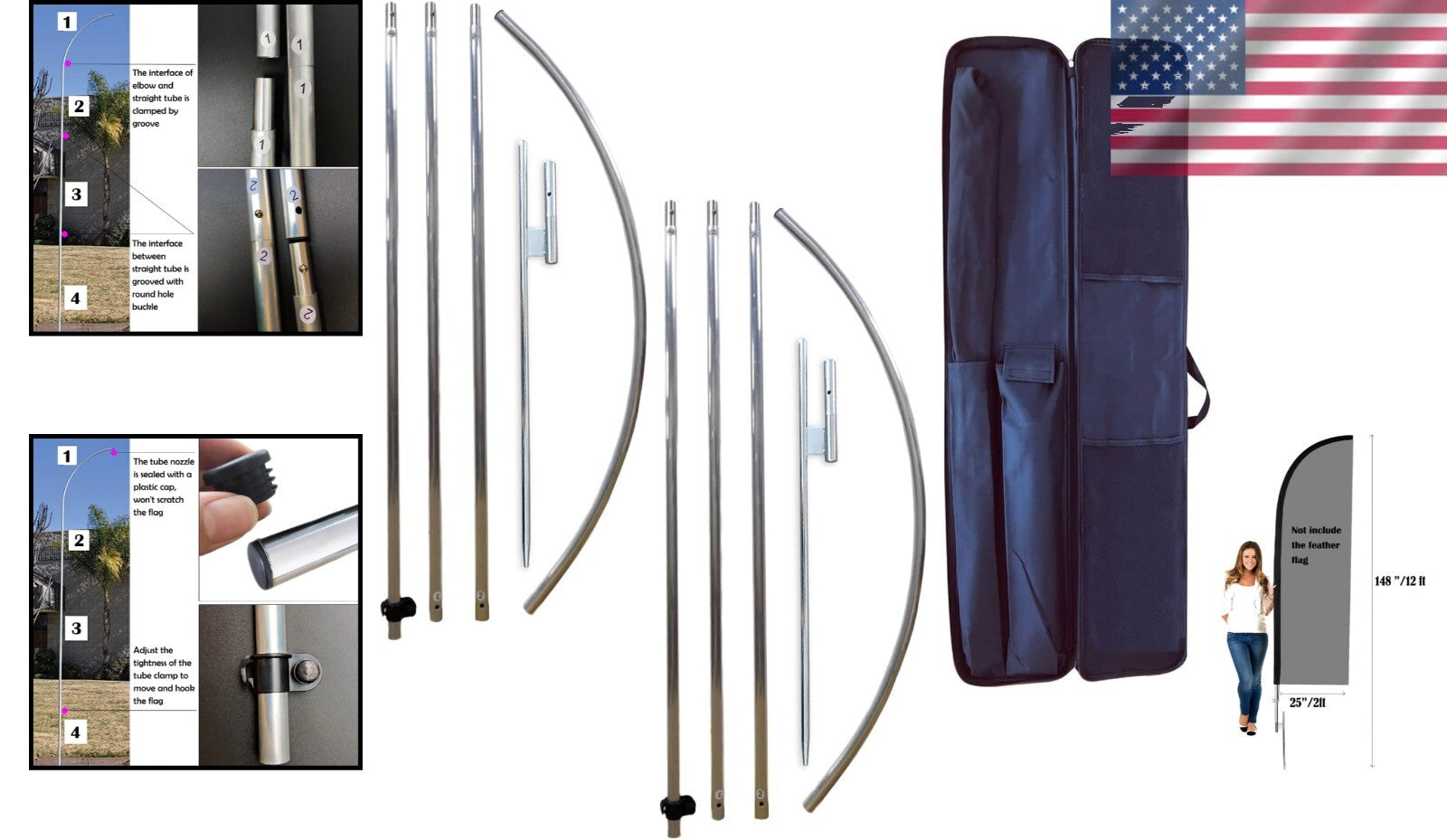 Durable 2-Pack Feather Flag Pole Kit - Easy Setup, 12FT Tall & Weather-Resistant