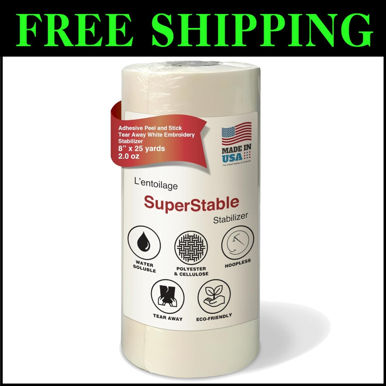 Self-Adhesive Tear Away Stabilizer Roll - 8-Inch x 25-Yard, No Residue Finish