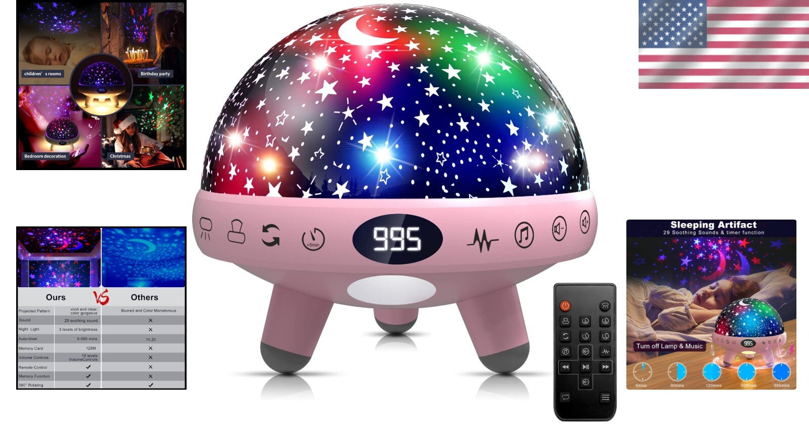 Elegant Star Projector Night Light and White Noise Machine for Kinder Sleep